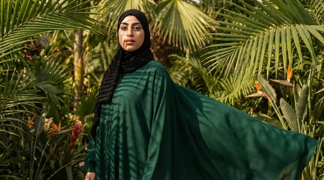 امرأة عربية بعباءة خضراء تقف في حديقة استوائية طبيعية