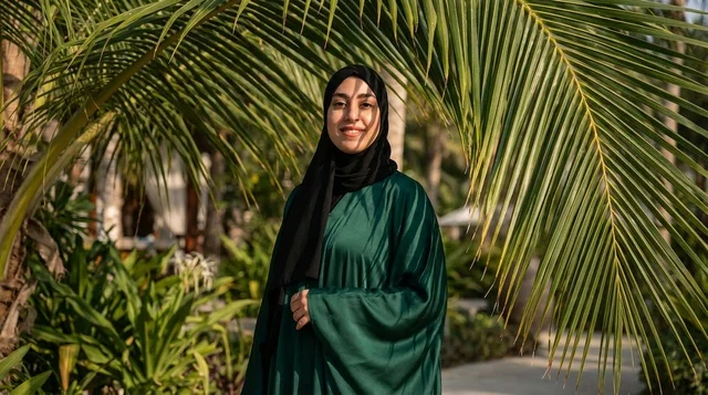 Emirati Woman in Green Abaya Under Palm Trees