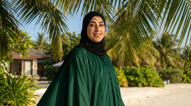 Arab Woman in Green Abaya on Tropical Beach Arab Woman in Green Abaya on Tropical Beach