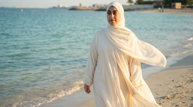 امرأة سعودية بعباءة بيضاء تمشي على الشاطئ