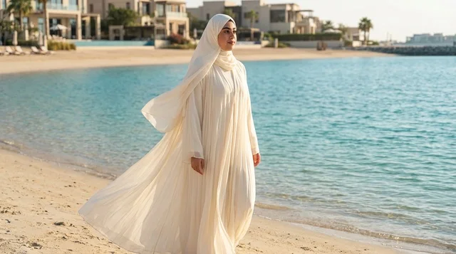 امرأة إماراتية بعباءة بيضاء على شاطئ دبي