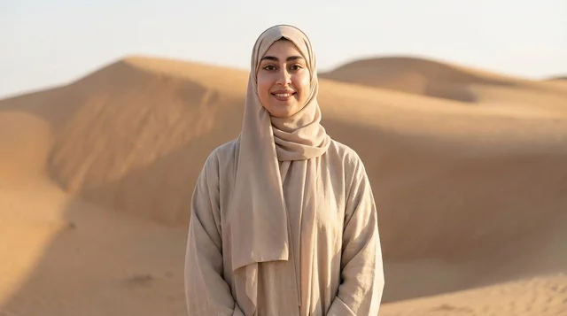 Emirati Woman in Modest Clothing at Desert Dunes