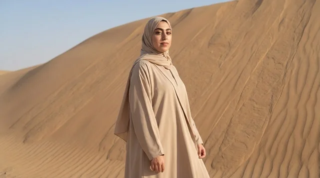 امرأة إماراتية بالعباءة البيج في الكثبان الرملية الصحراوية