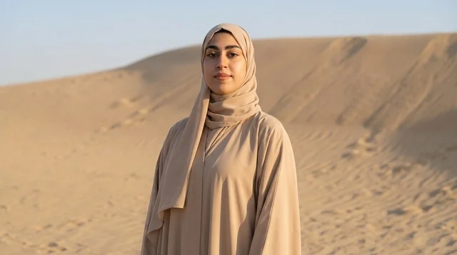امرأة عربية بالعباية البيج في الكثبان الرملية الصحراوية