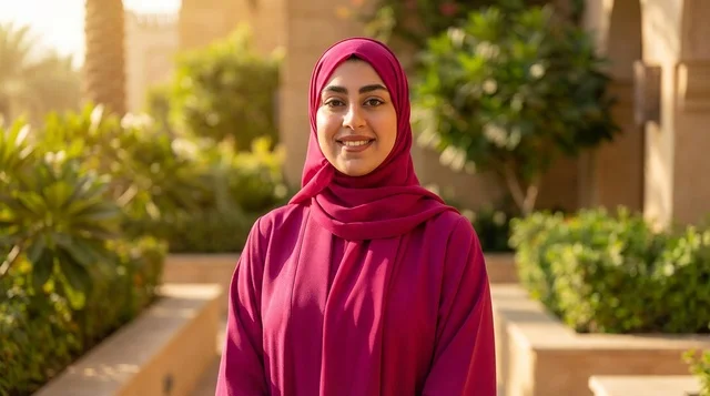امرأة عربية مبتسمة ترتدي حجاب وعباءة وردية في حديقة