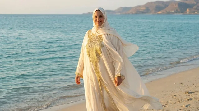 امرأة عمانية على الشاطئ باللباس التقليدي الأبيض امرأة عمانية على الشاطئ باللباس التقليدي الأبيض