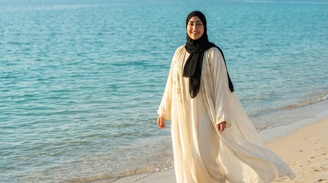 امرأة إماراتية بالعباءة تمشي على شاطئ رملي