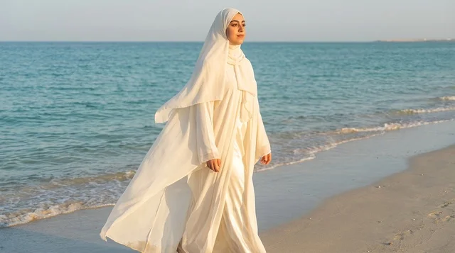 امرأة عربية بالعباءة البيضاء تمشي على الشاطئ وقت الغروب