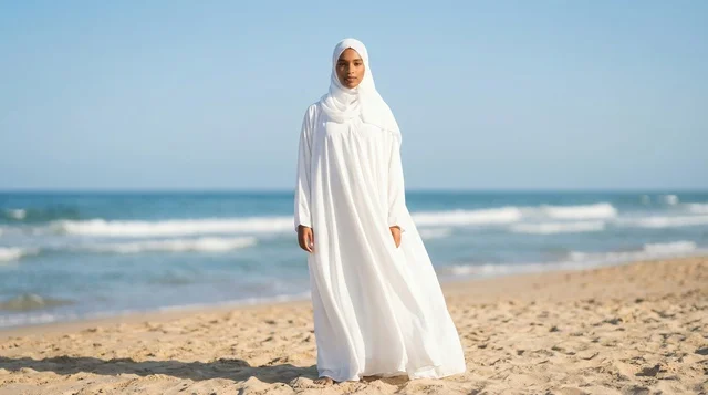 امرأة عربية بالعباءة البيضاء على شاطئ البحر نهارا