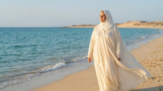 Saudi Woman in White Abaya Walking on the Beach