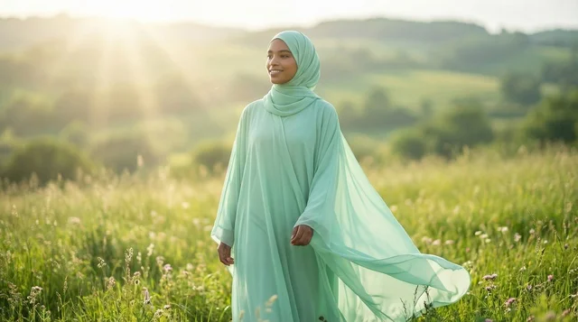African Woman in Hijab and Abaya in Sunlit Meadow