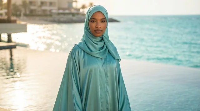 Saudi Woman in Teal Abaya by Infinity Pool Saudi Woman in Teal Abaya by Infinity Pool