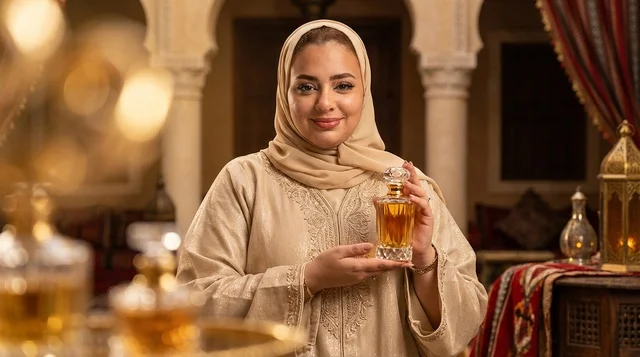 Emirati Woman with Perfume Bottle in Traditional Setting