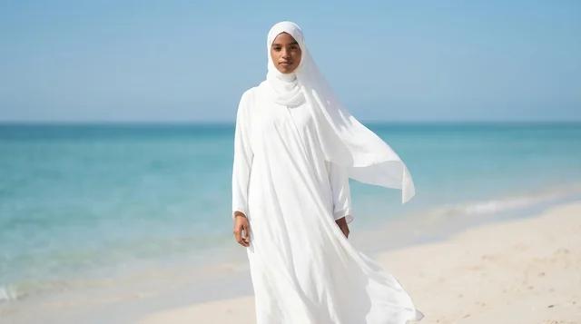 African Woman in White Hijab on Sandy Beach