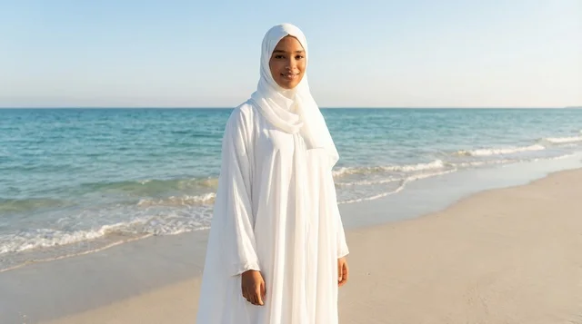 امرأة إماراتية بعباءة بيضاء على شاطئ رملي