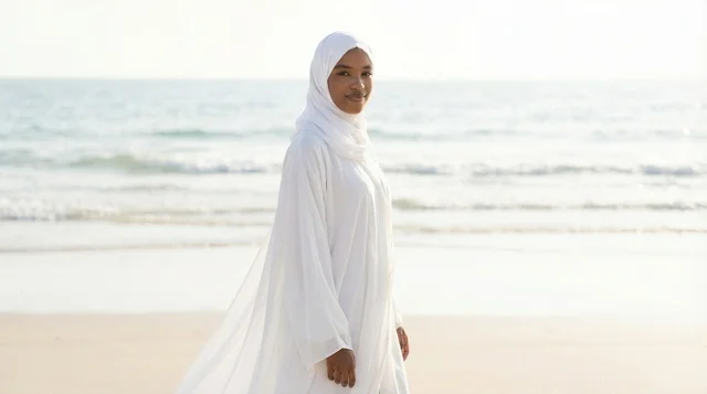 امرأة عربية بالحجاب الأبيض على شاطئ البحر امرأة عربية بالحجاب الأبيض على شاطئ البحر