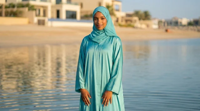 African Woman in Turquoise Abaya on Beach