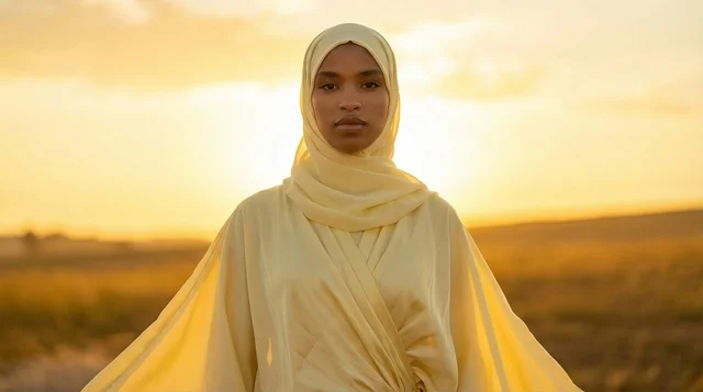 Black Muslim Woman in Yellow Hijab at Sunset