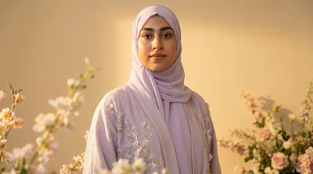 Emirati Woman in Lavender Abaya with Floral Decor