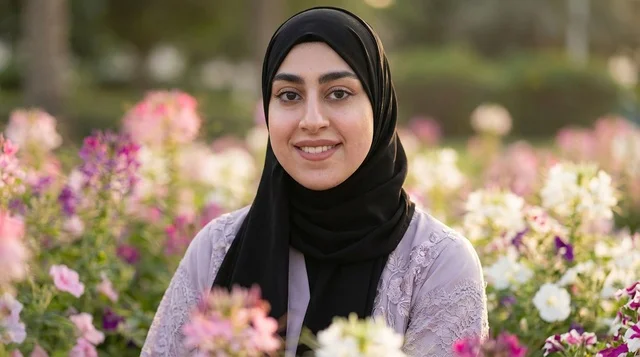 امرأة إماراتية بالحجاب تجلس في حديقة زهور