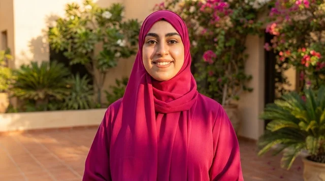 امرأة عربية بالحجاب الأرجواني في الحديقة
