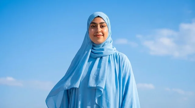 Saudi Woman in Blue Hijab Smiling Under Clear Sky