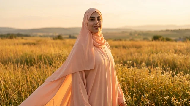 Middle Eastern Woman in Grassy Field at Golden Hour Sunset