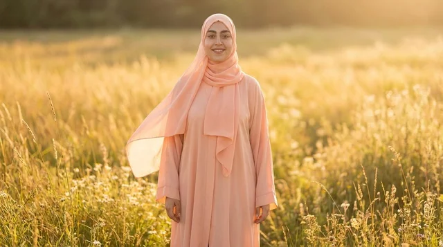 امرأة عربية بالحجاب في حقل عشبي وقت الغروب