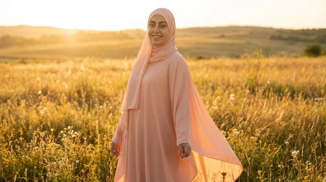 امرأة عربية بالحجاب في حقل وقت الغروب