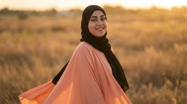 Saudi Woman in Hijab and Abaya at Sunset