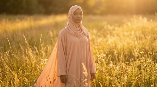 Black Muslim Woman in Hijab Standing in Sunny Field