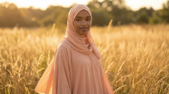 Somali Muslim Woman in Hijab in Wheat Field at Sunset
