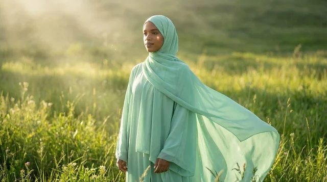 African Woman in Green Hijab in Grassy Field