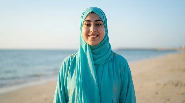امرأة عربية بزي محتشم تبتسم على شاطئ البحر نهارا