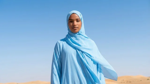 امرأة سودانية بالحجاب الأزرق تقف في الصحراء