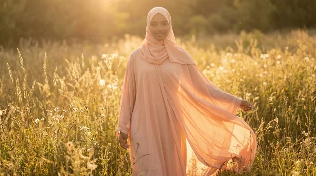 Muslim Woman in Peach Abaya at Sunset Field