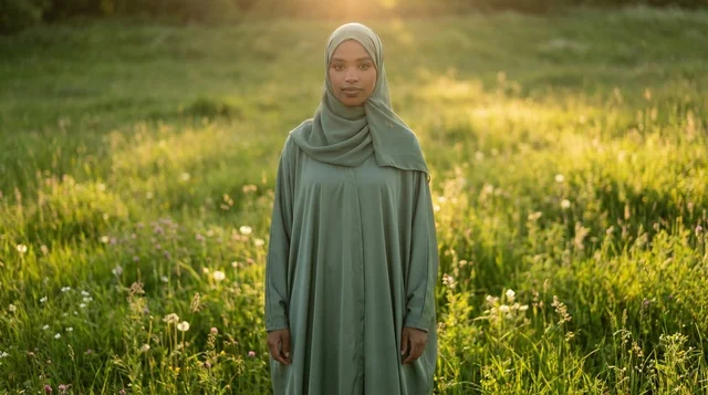 African Woman in Green Hijab Standing in Sunny Meadow
