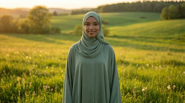 Smiling Arab Woman in Green Meadow at Sunset