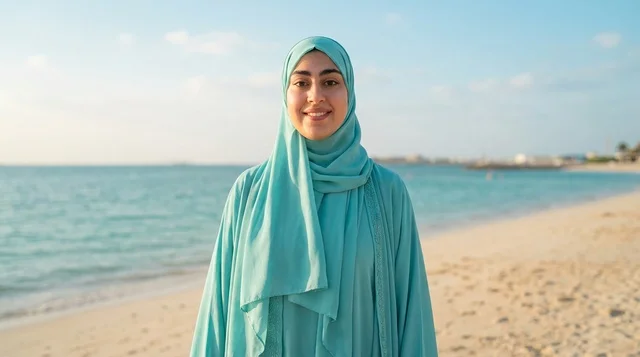 امرأة عربية بالحجاب على شاطئ البحر