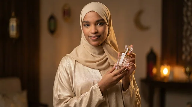 Black Muslim Woman Holding Perfume Bottle Indoors