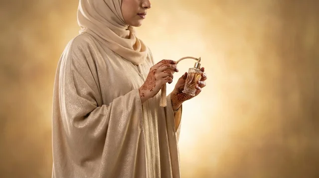 Emirati Woman in Abaya Holding Luxury Perfume Bottle