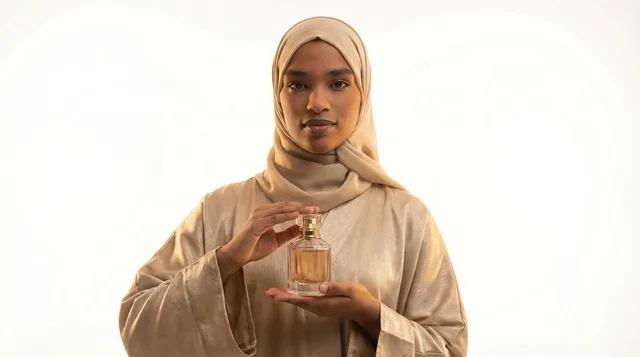 امرأة مسلمة سمراء تحمل زجاجة عطر في الاستوديو