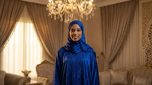 African Woman in Blue Hijab inside Luxury Living Room