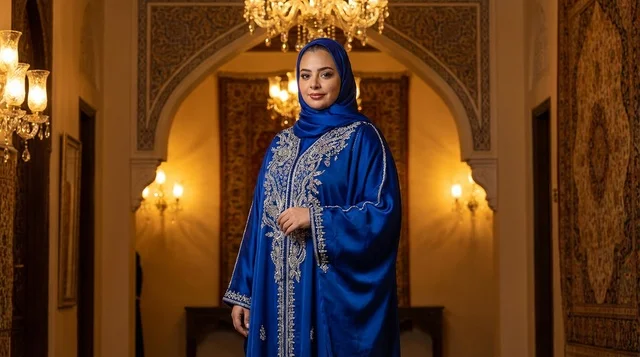 امرأة إماراتية بالجلابية الزرقاء في ديكور تقليدي