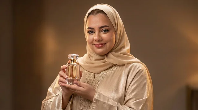 Saudi Woman in Hijab Holding Luxury Perfume Bottle