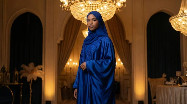 Saudi Woman in Blue Abaya Under Crystal Chandeliers