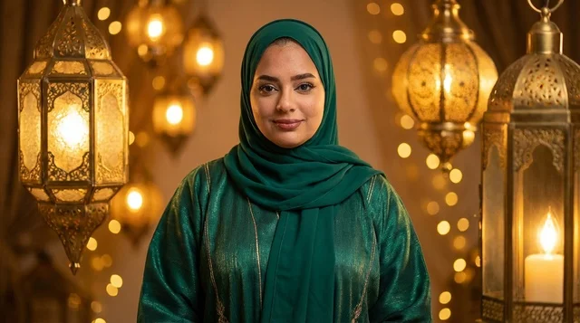 Arab Woman with Ramadan Lanterns in Green Dress
