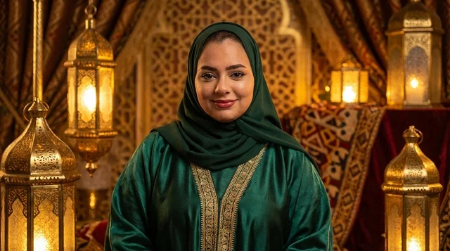 Arab Woman in Green Traditional Dress with Ramadan Lanterns
