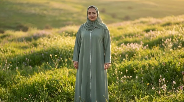 Arab Woman in Green Abaya Standing in Meadow at Sunset
