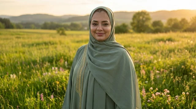 امرأة عربية بالحجاب الأخضر في مرج عند الغروب